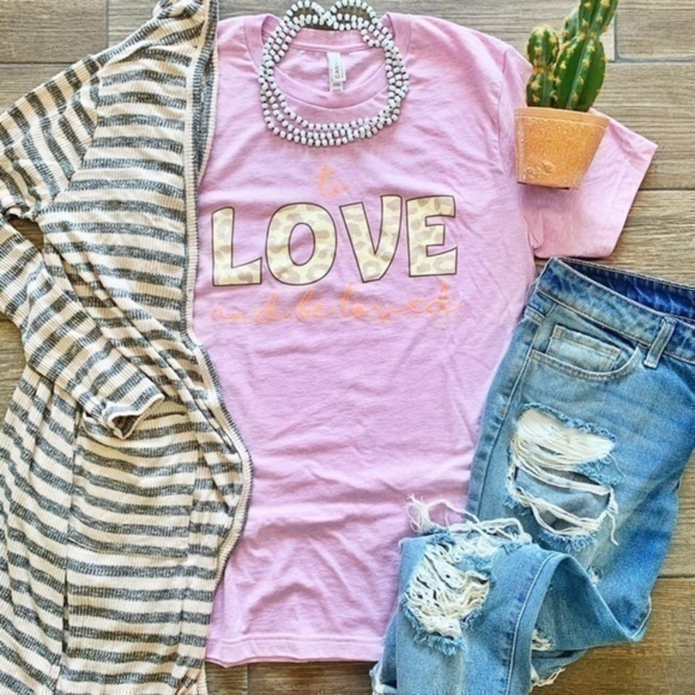 To love and be loved purple and leopard tee shirt